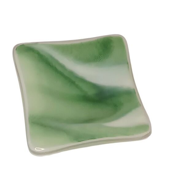 Fused Art Glass Trinket Dish Green And White Swirl Small Square 3" x .25" - Picture 2 of 7